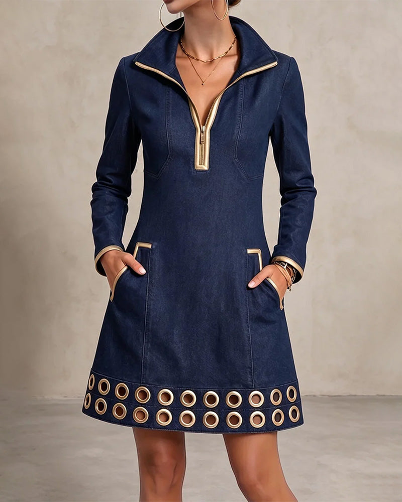 Robe courte femme en denim à col zippé et œillets