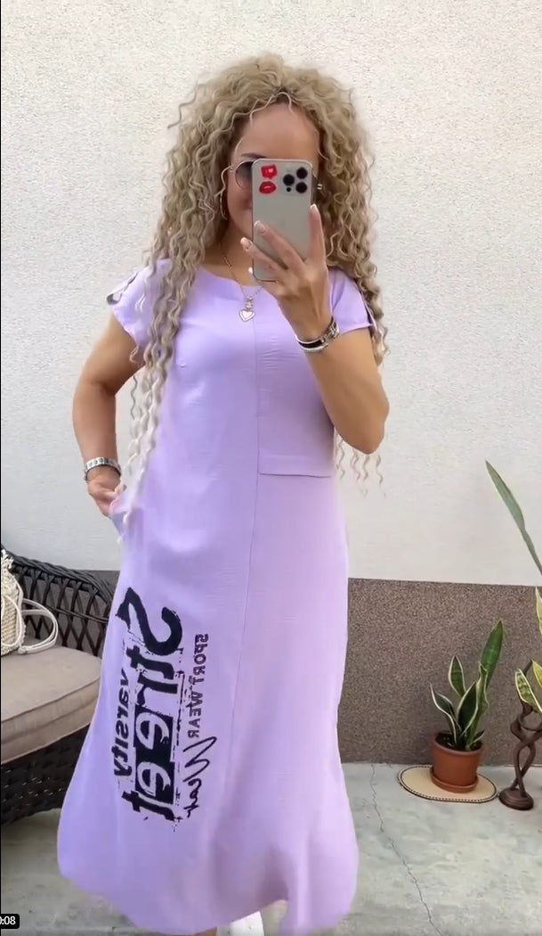 Robe Femme Imprimé Lettres Coupe Ample Col Rond Fente Style Casual
