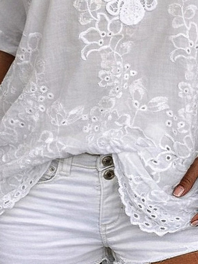 Blouse femme brodée avec dentelle florale et coupe fluide