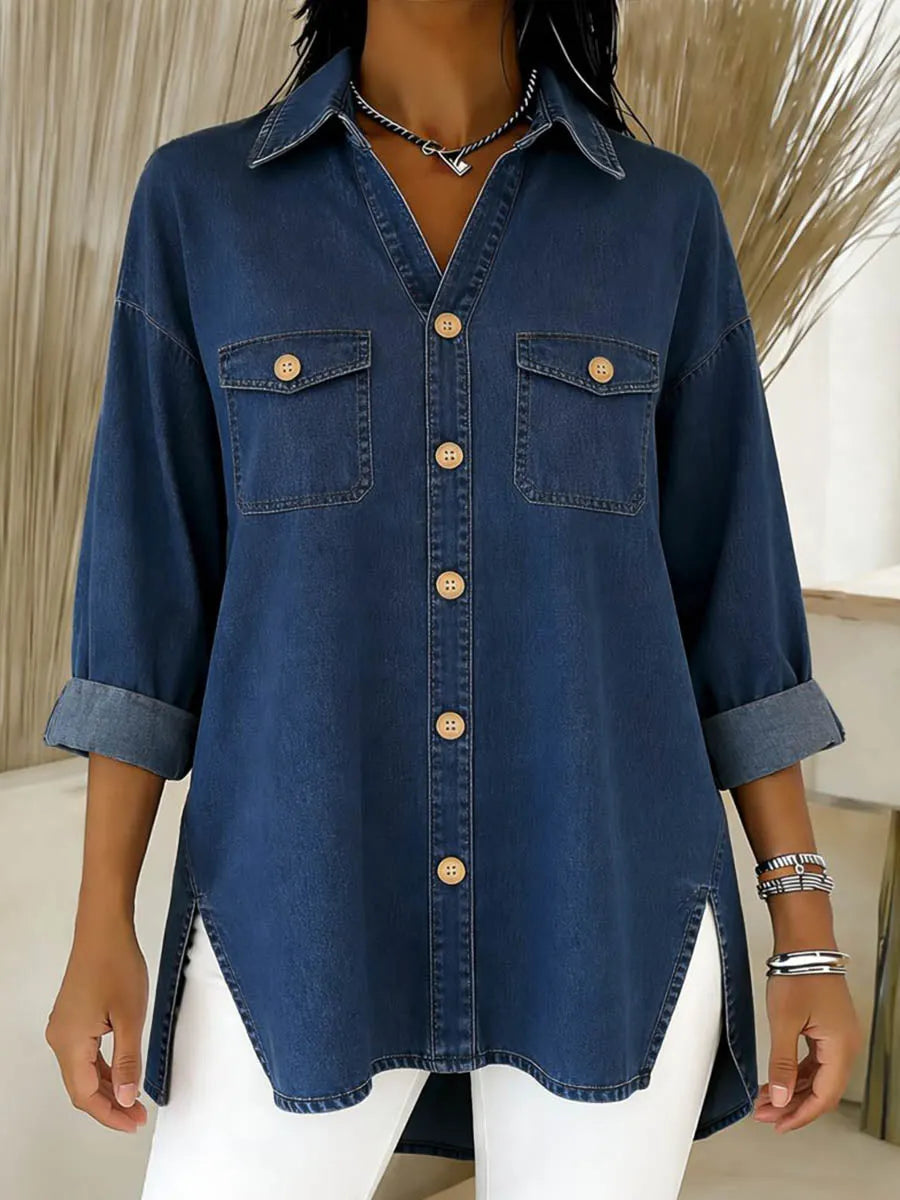 Chemise longue femme en denim à coupe ample et poches