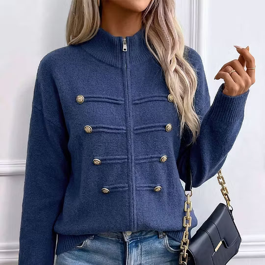 Gilet en maille femme à col montant et boutons décoratifs