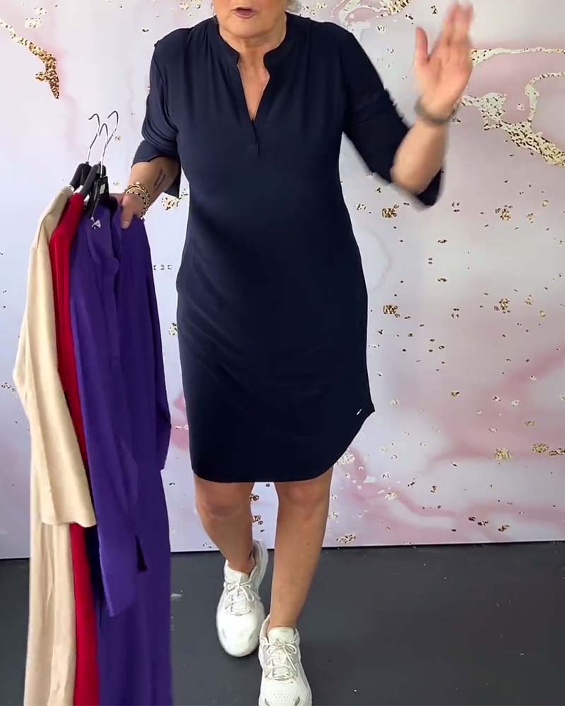 Robe Femme Unie Col V Coupe Fluide Confort Quotidien