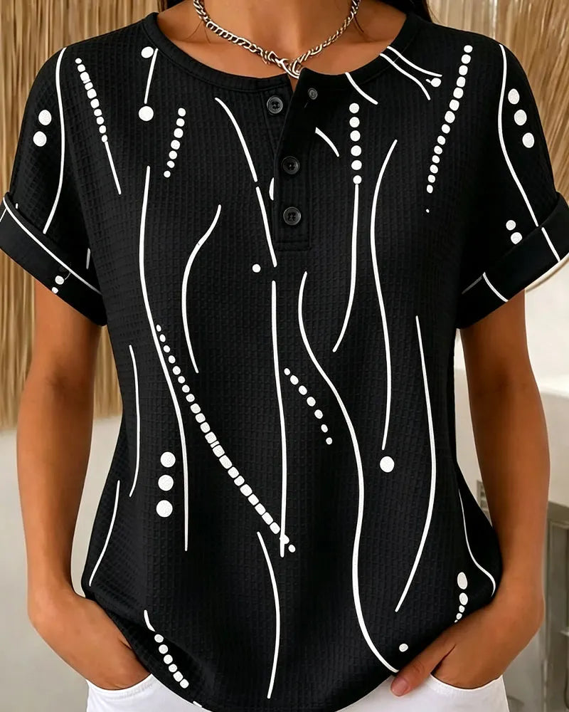 T-shirt femme imprimé à manches courtes avec boutons