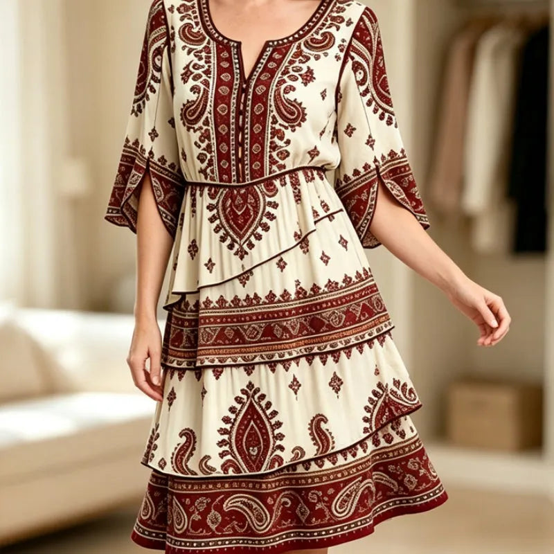Robe bohème femme à volants et imprimé ethnique