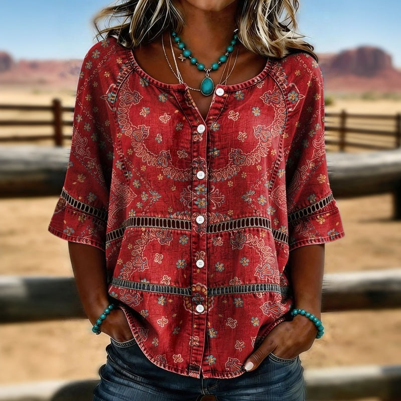 Blouse femme vintage à imprimé ethnique avec col V et boutons