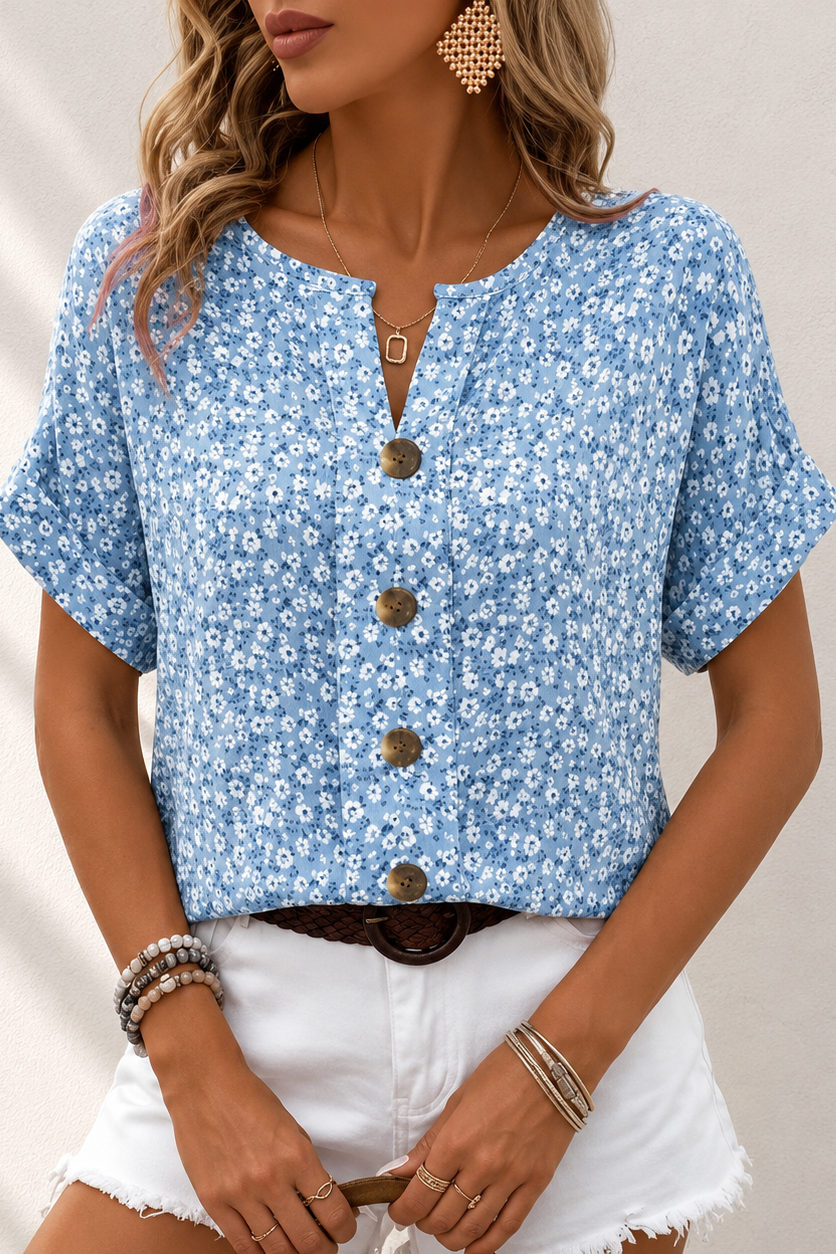 Blouse fleurie femme boutonnée à manches courtes
