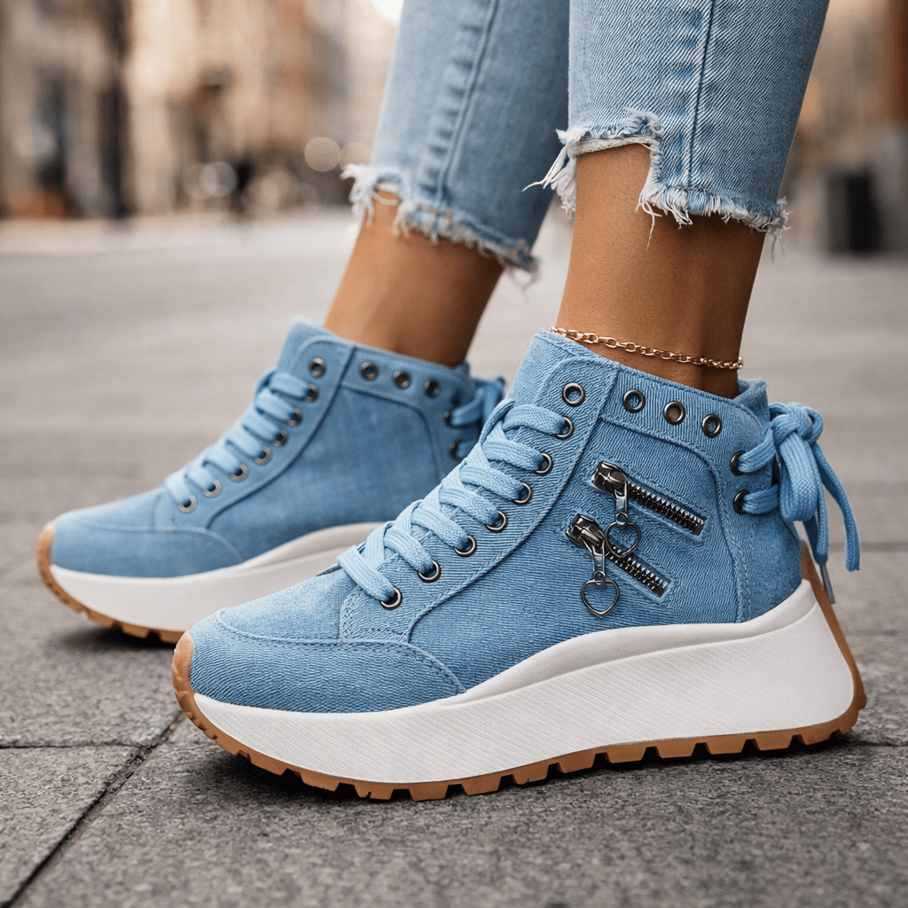 Baskets Femme Plateforme Denim avec Détails Zippés