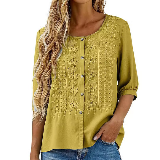 Blouse femme en coton et lin brodée à manches 3/4