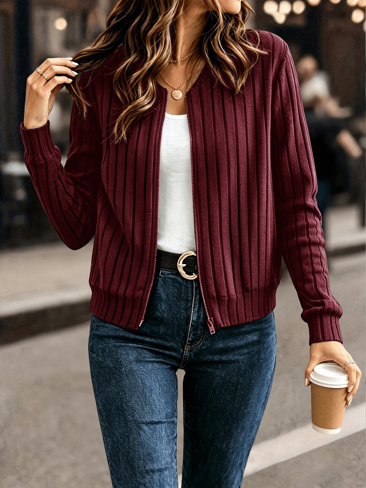 Cardigan femme côtelé avec fermeture zippée