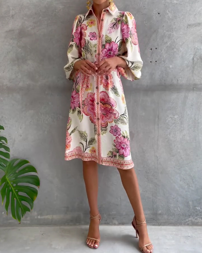 Robe Fleurie Élégante Femme à Manches Lanternes et Boutons