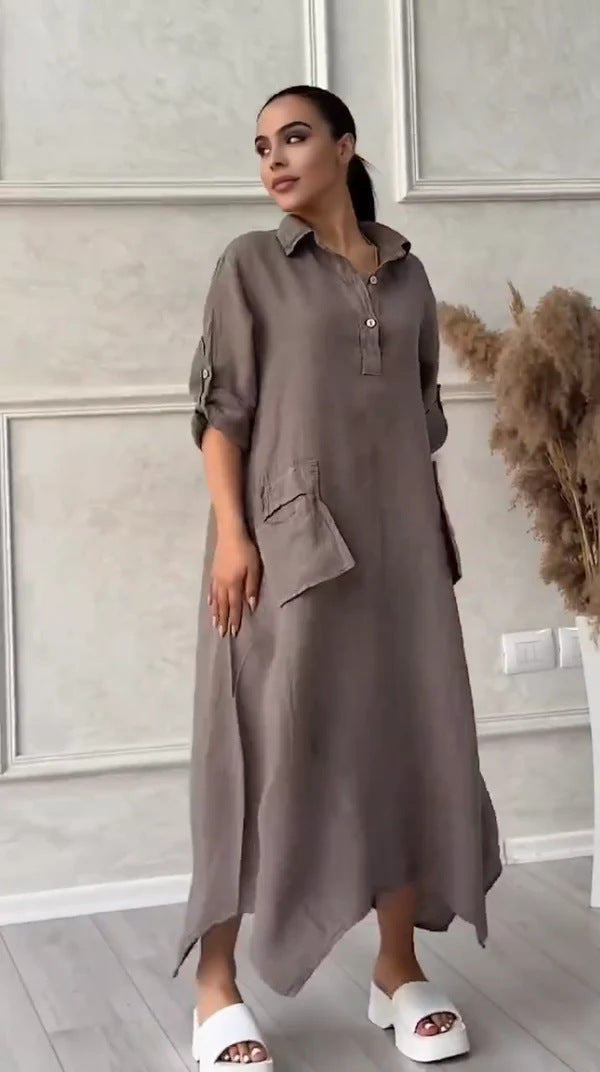 Robe Longue Femme Lin Coton Coupe Ample Col Revers Poches Style Décontracté