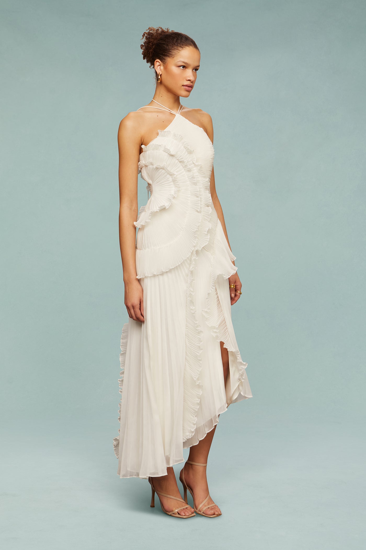 Robe Longue Plissée Femme avec Volants Asymétriques Élégants