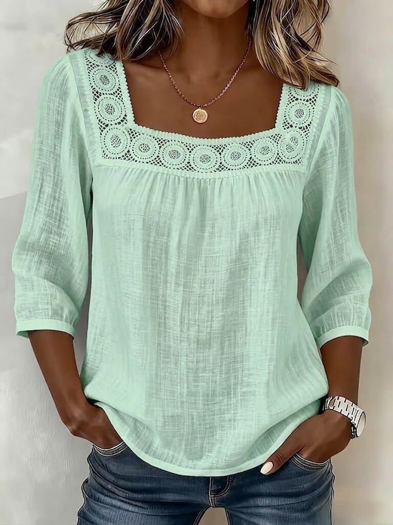 Blouse femme en coton et lin à décolleté carré avec dentelle raffinée