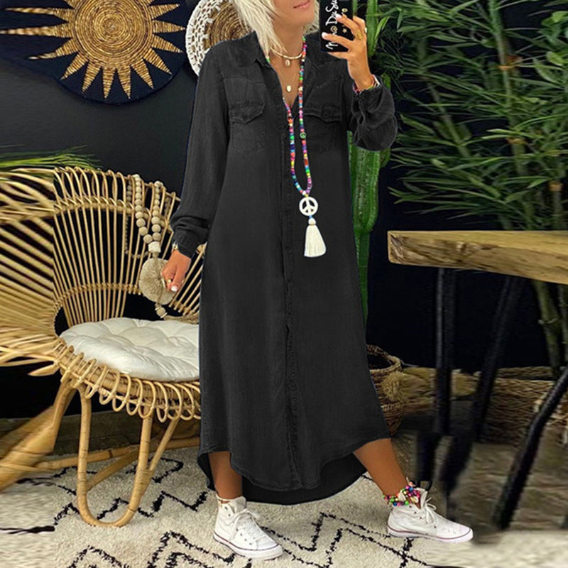 Robe femme maxi denim manches longues fluide col V élégante casual