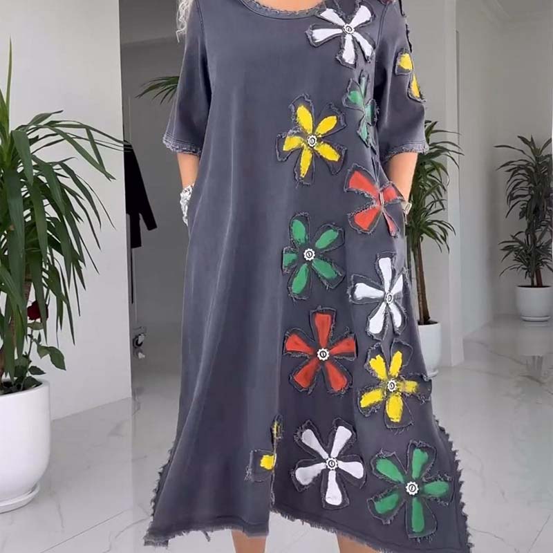 Robe Femme Décontractée Coupe Ample Col Rond Imprimé Floral Style Casual
