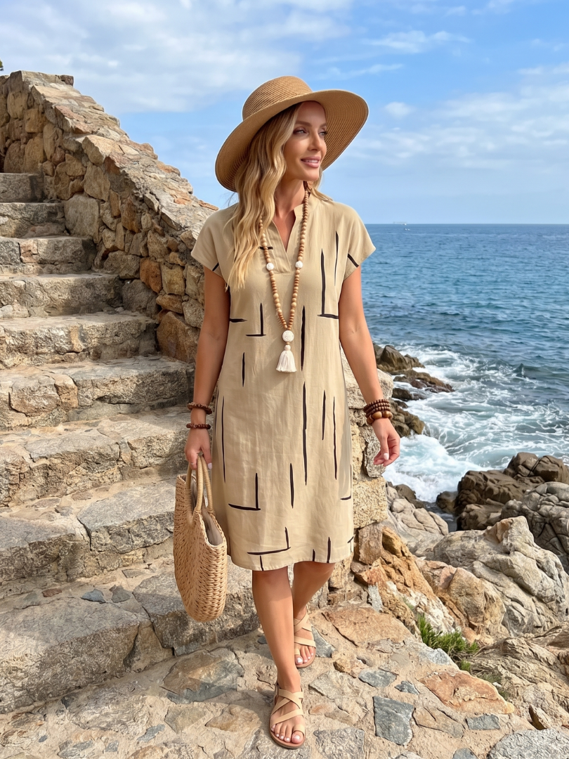 Robe Midi Femme Coton Lin Imprimé Géométrique Manches Courtes Décontractée