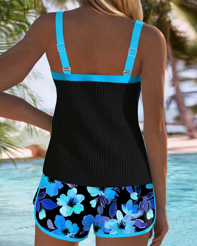 Tankini Deux Pièces Femme Top Côtelé Short Floral Liseré Orange Contrasté