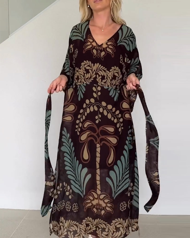 Robe Maxi Bohème Femme Col V Imprimé Feuilles Élégant