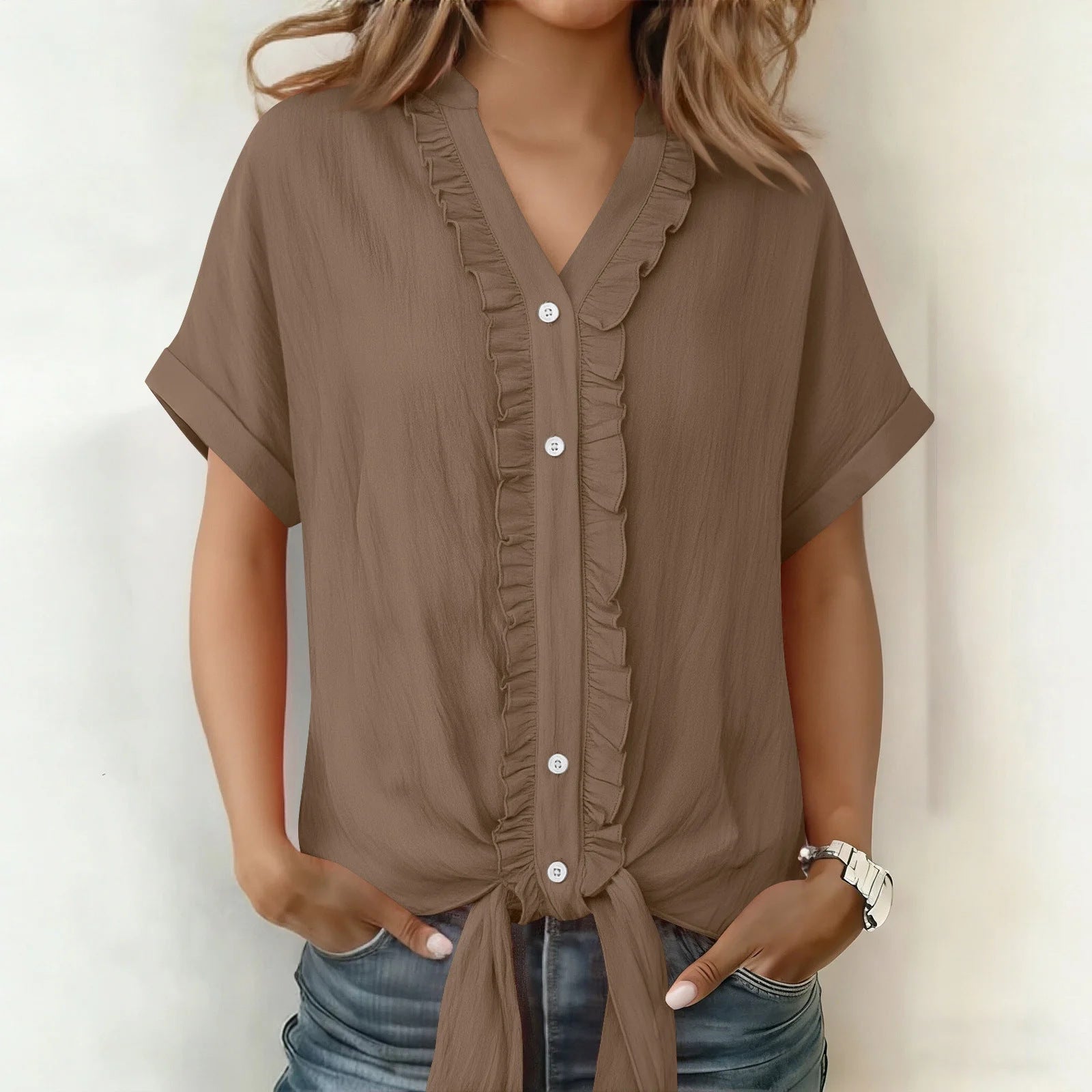 Blouse Femme Coton Col V Boutonnée Coupe Fluide Été