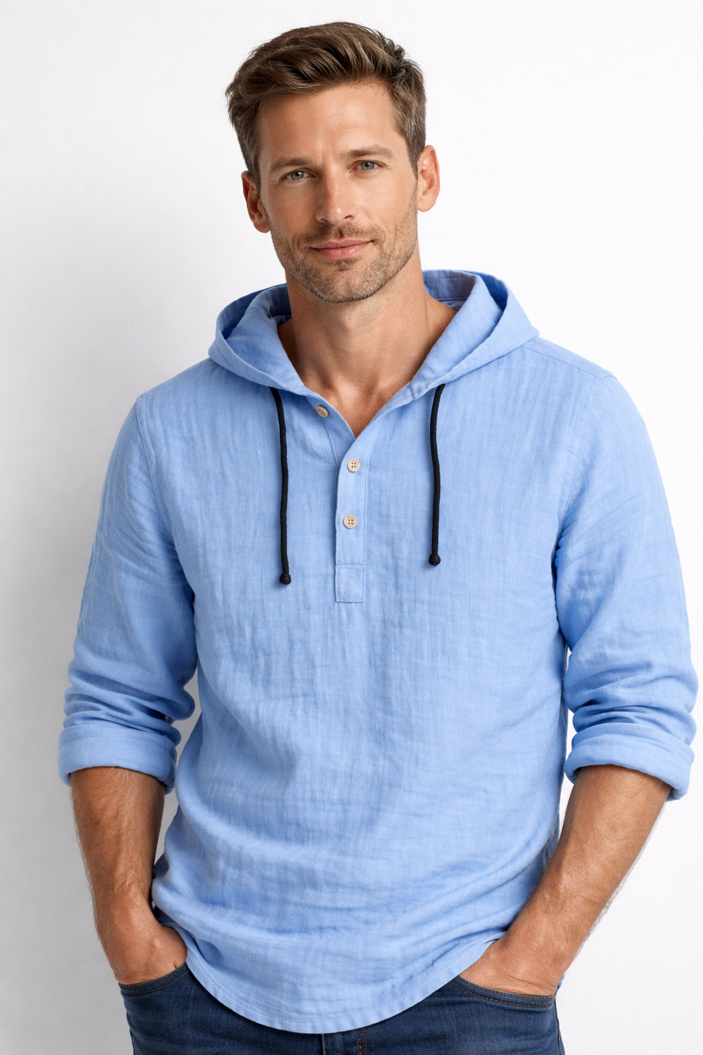 Chemise Homme en Lin Coupe Décontractée avec Capuche Ajustable