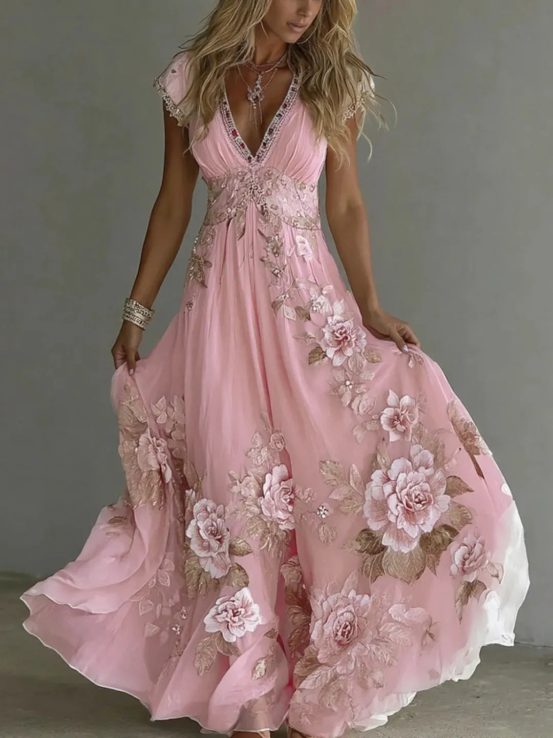 Robe longue femme en chiffon avec broderies florales