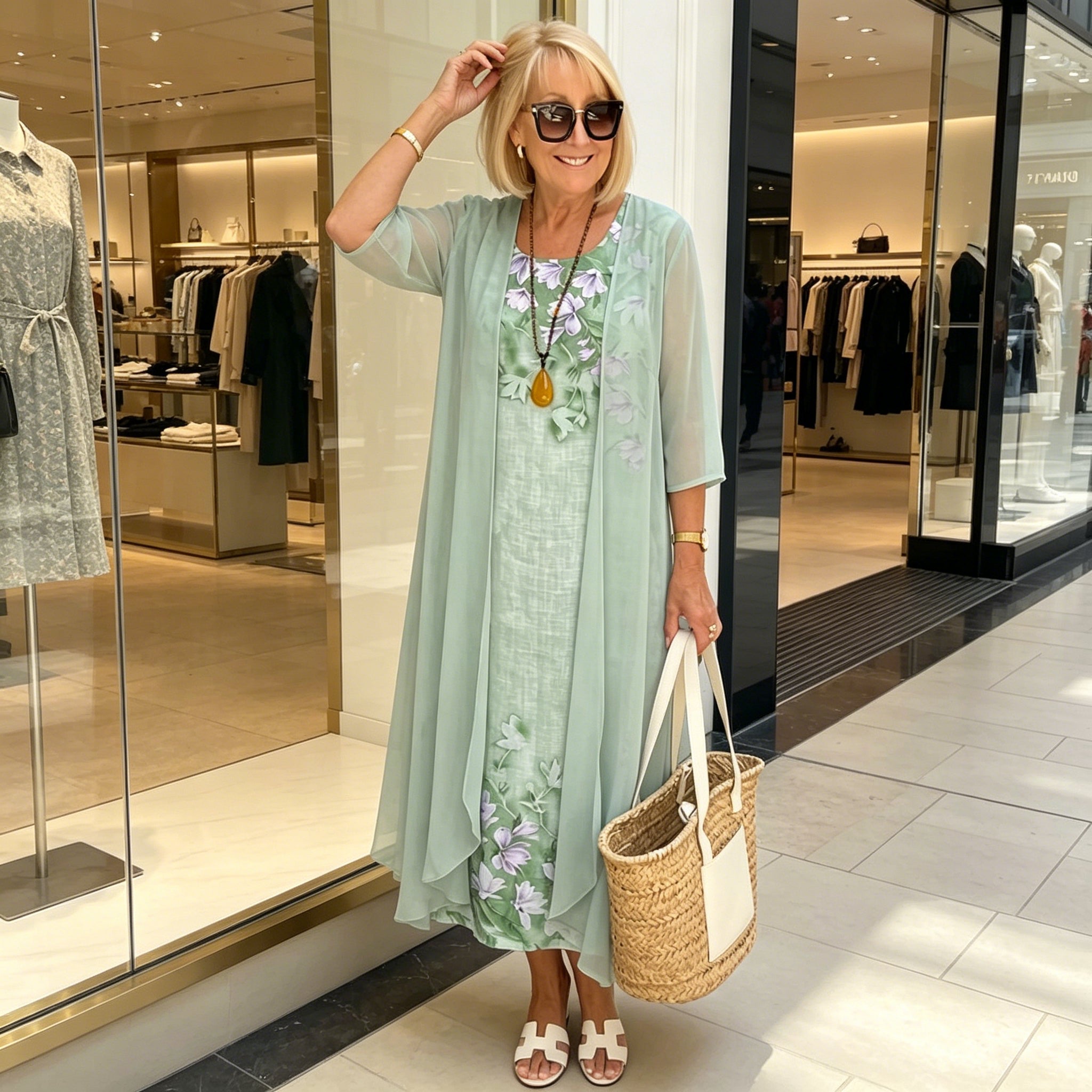 Ensemble Deux Pièces Femme Robe Midi Kimono Floral Fluide Élégant