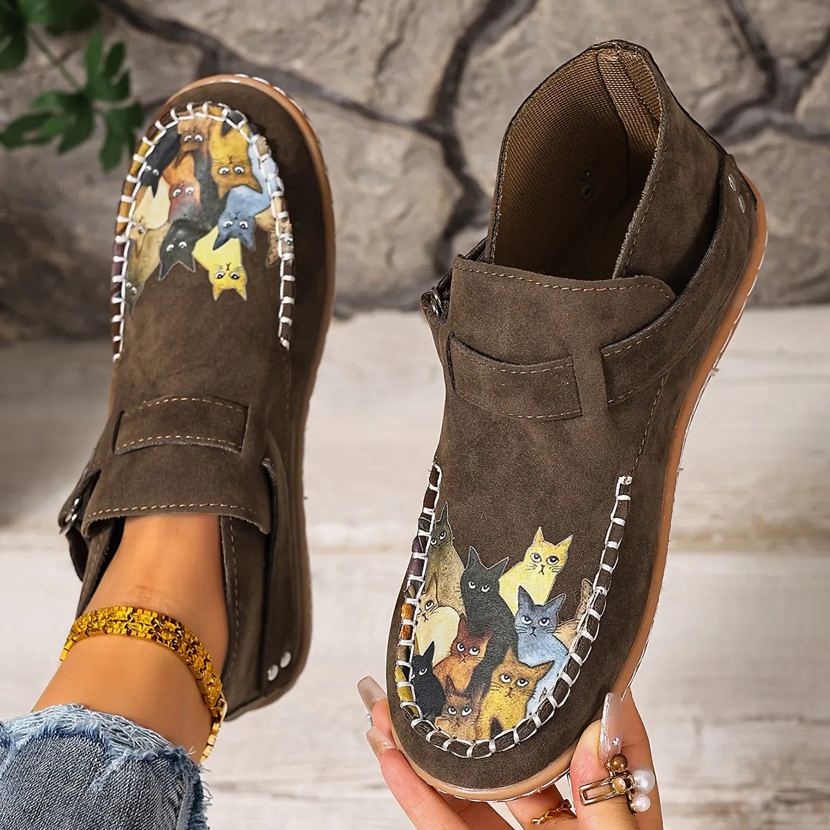 Mocassins femme imprimé chat à enfiler