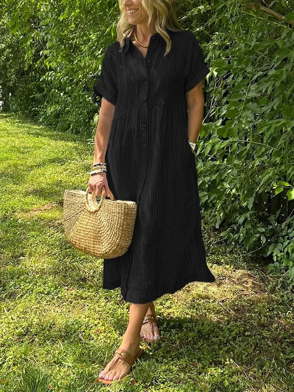 Robe Chemise Rayée Longue Coupe Fluide Avec Boutonnage Confort Quotidien