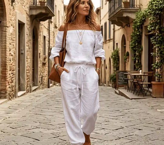 Combinaison ample femme en coton avec épaules dénudées et cordon à la taille