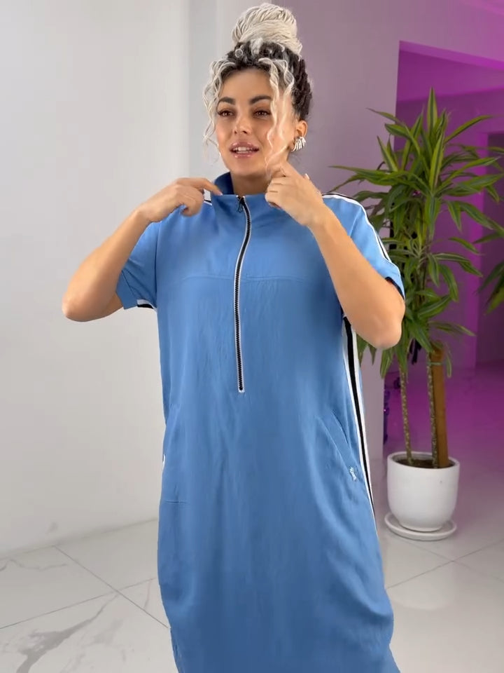 Robe Femme Longue Zippée Col Montant Coupe Fluide Style Sport Chic