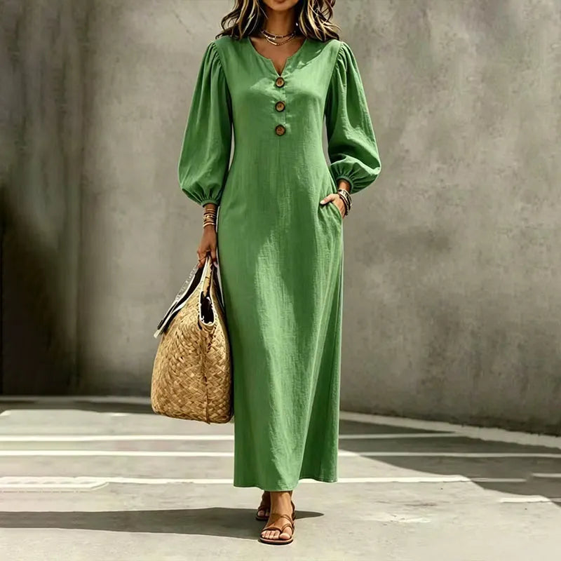 Robe maxi femme à col V et manches bouffantes