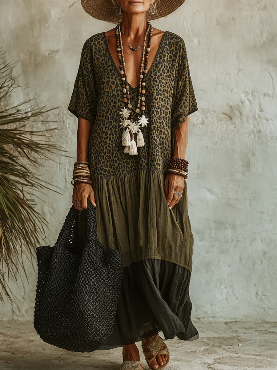 Robe Midi Bohème Femme avec Imprimé Léopard Fluide