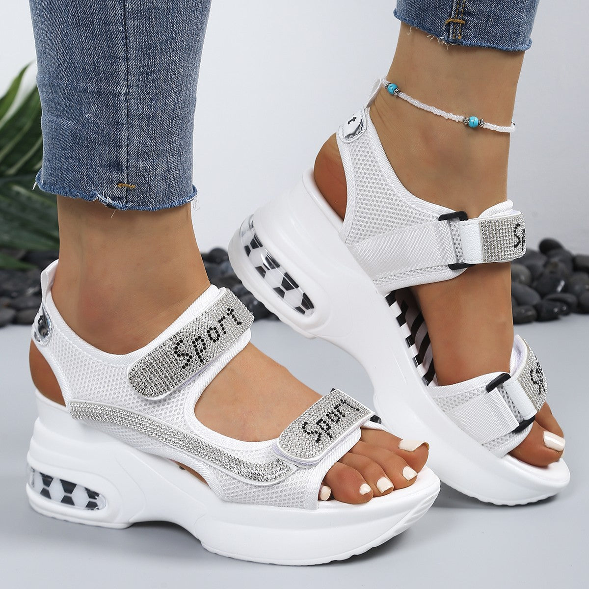 Sandales Femme Plateforme Strass Velcro Semelle Coussin Air Sportives