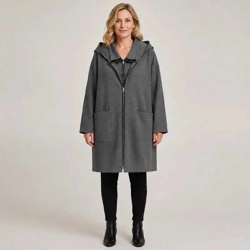 Manteau mi-long femme à capuche et fermeture zippée