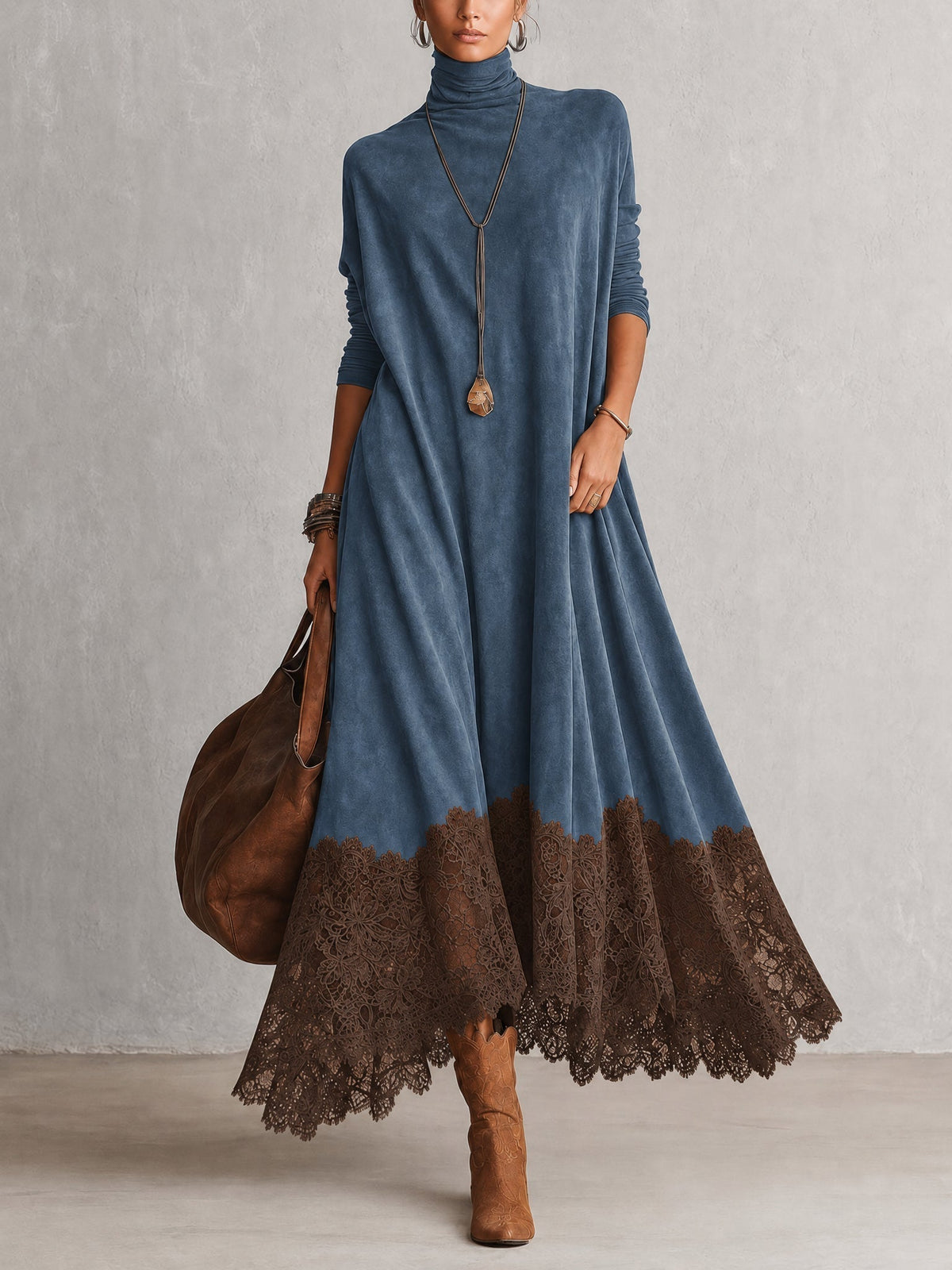 Robe longue femme effet suédé avec dentelle