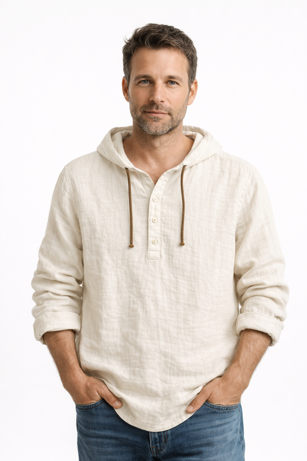 Chemise Homme en Lin Coupe Décontractée avec Capuche Ajustable