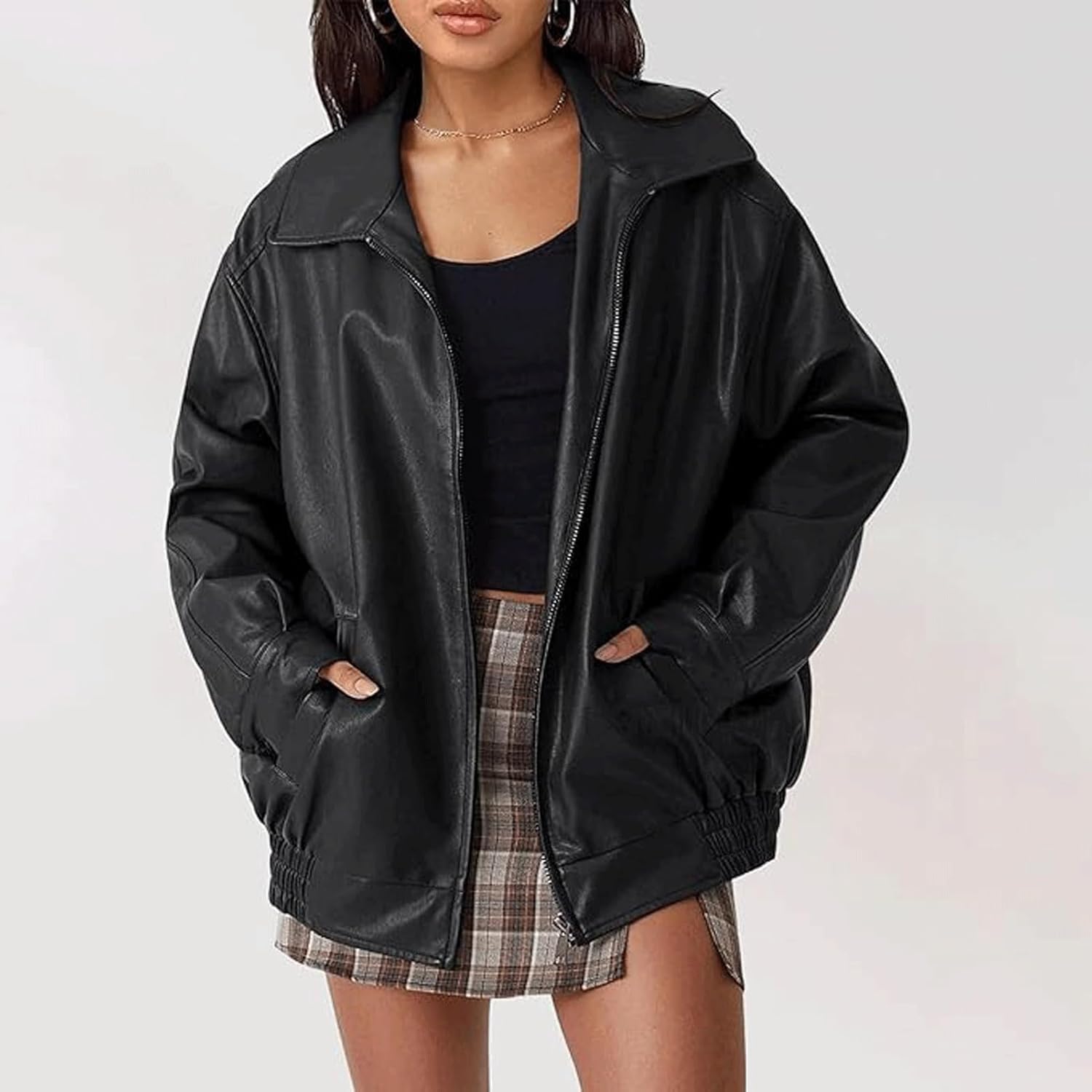 Veste Femme Oversize en Similicuir au Style Biker Moderne