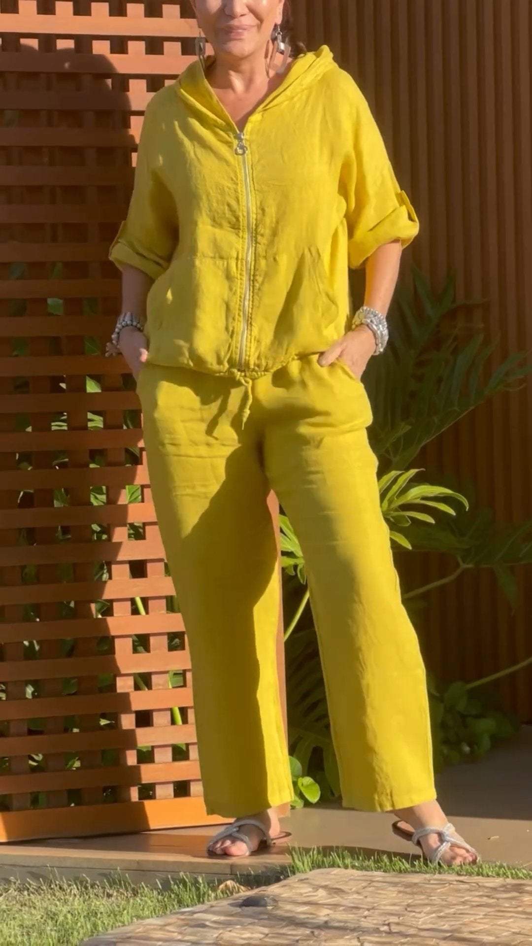 Ensemble Femme Coton Lin Capuche Zippée Coupe Ample Été