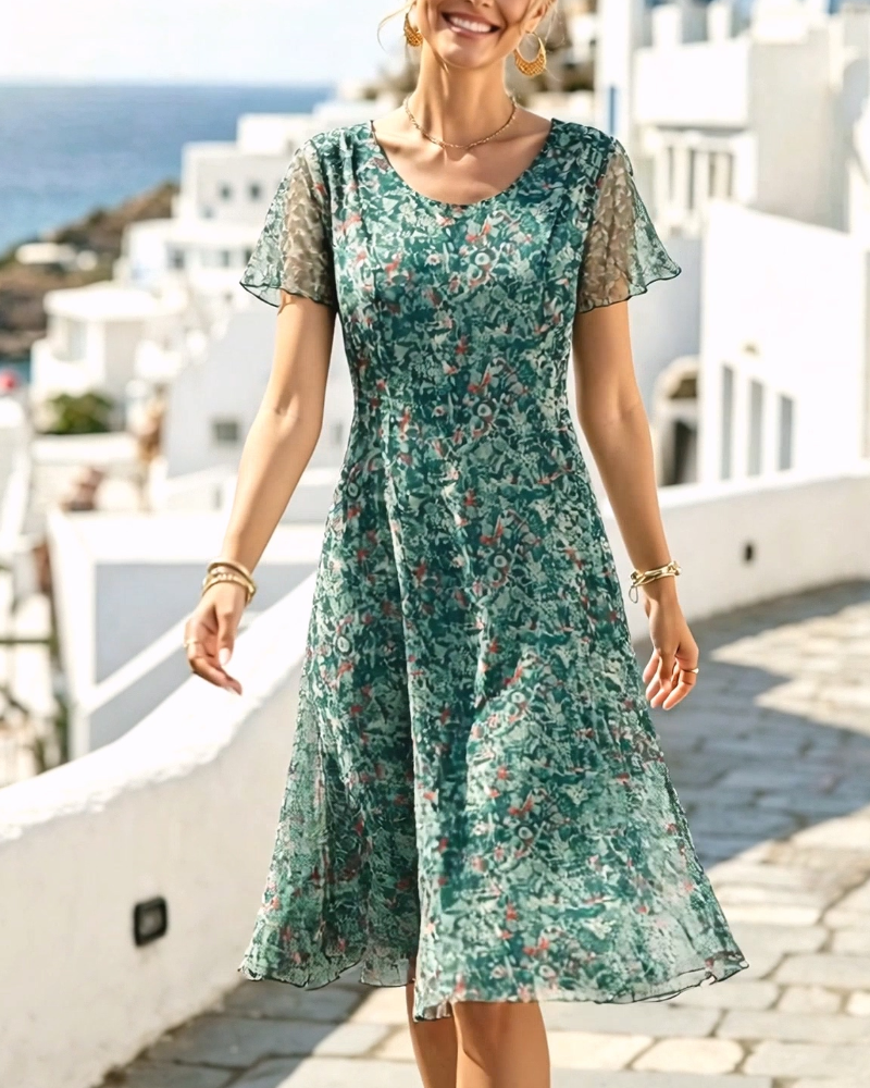Robe femme florale coupe A avec manches courtes