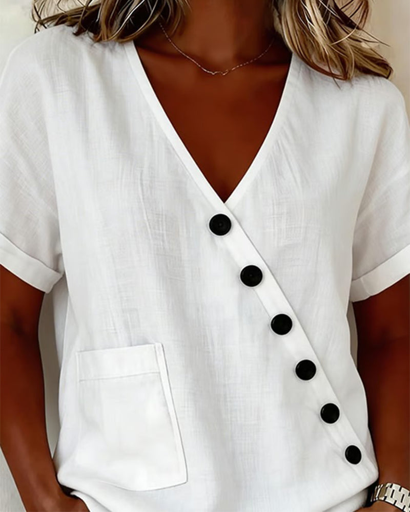 Top en coton pour femme avec décolleté en V et boutons obliques