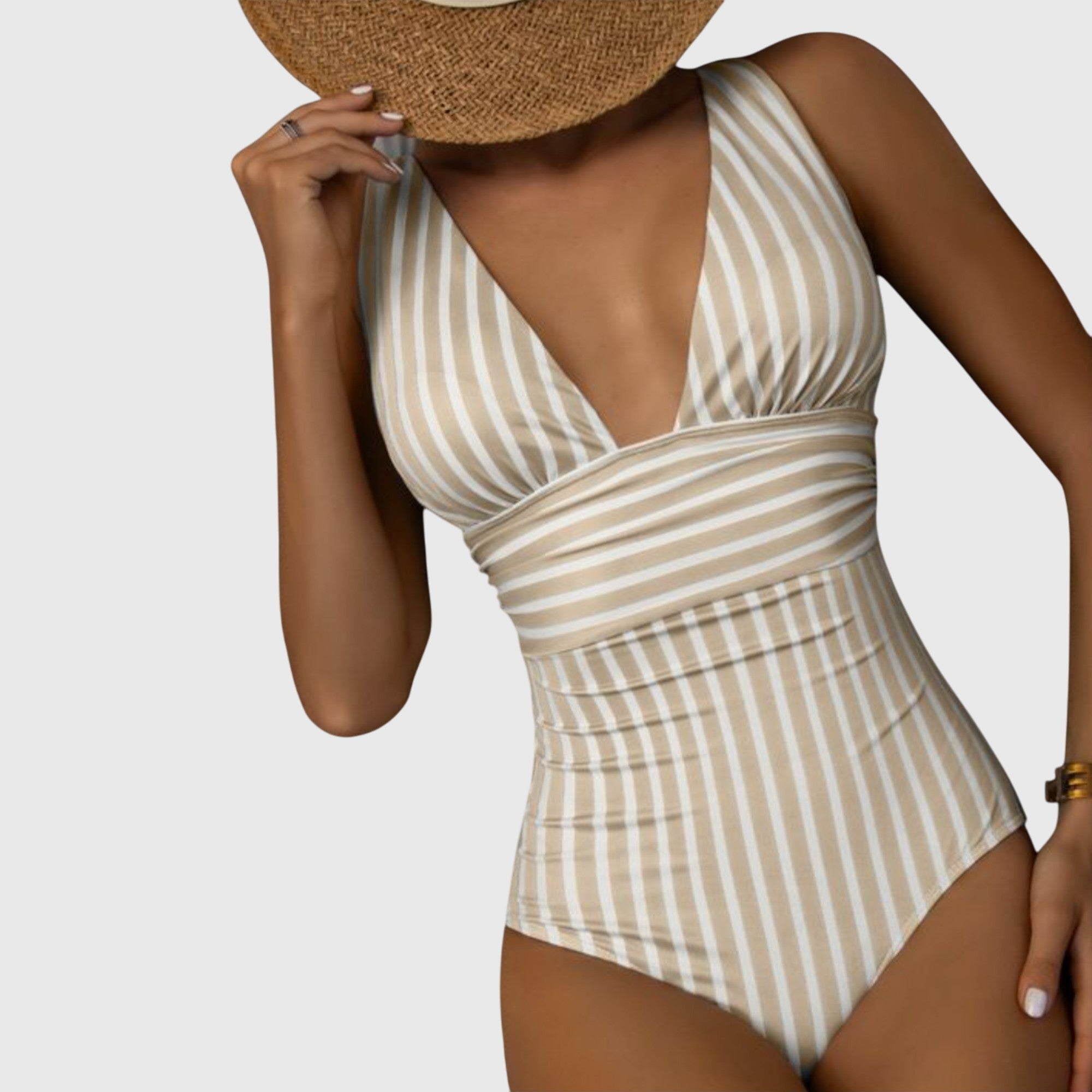 Maillot de bain une pièce femme col V plongeant rayures ceinture croisée gainant