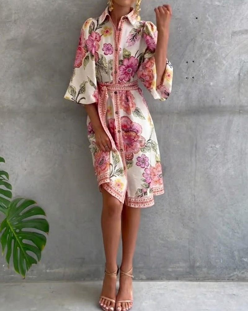 Robe Fleurie Élégante Femme à Manches Lanternes et Boutons