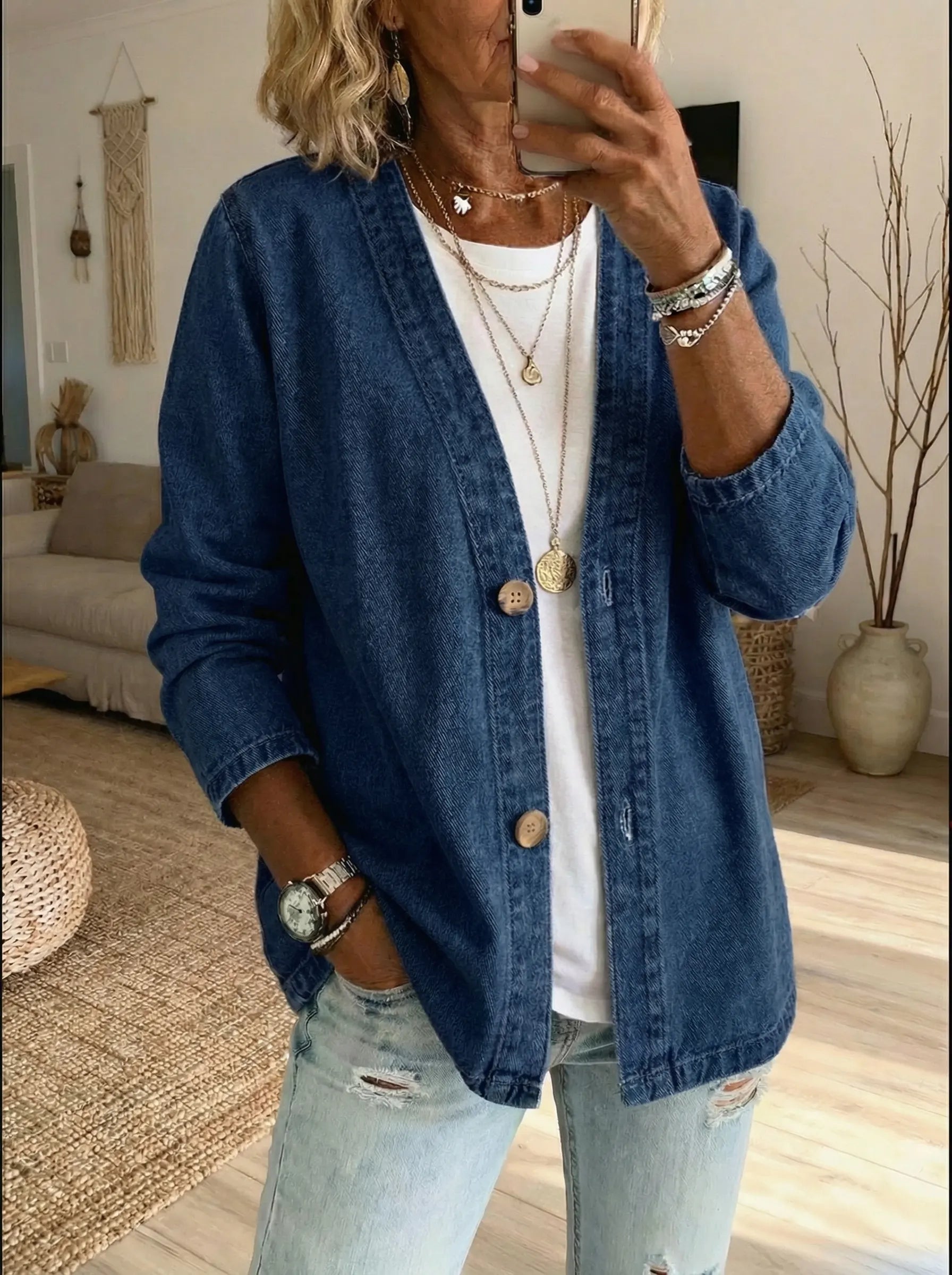 Veste Cardigan Femme Denim Décontracté Boutonné Style Moderne