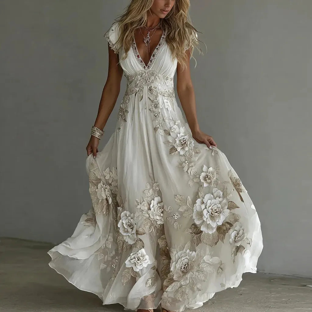 Robe longue femme en chiffon avec broderies florales