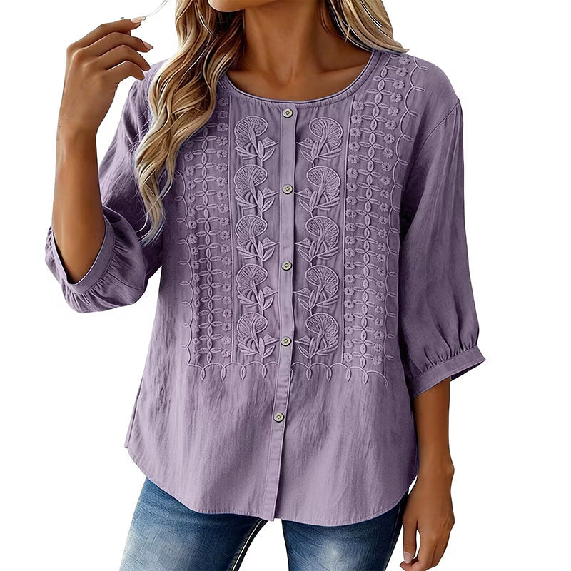 Blouse femme en coton et lin brodée à manches 3/4