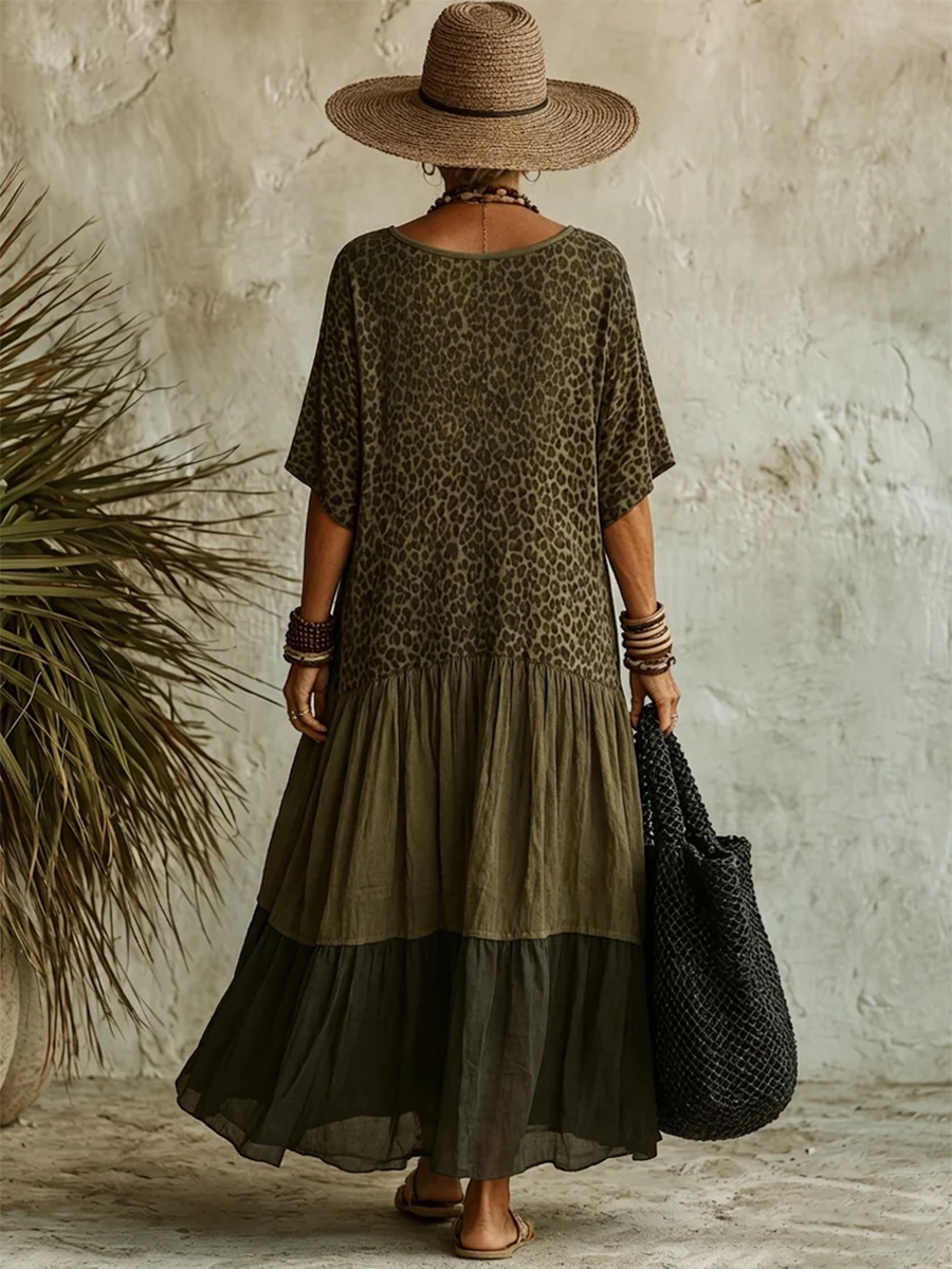 Robe Midi Bohème Femme avec Imprimé Léopard Fluide