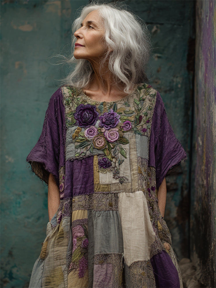 Robe Femme Patchwork Florale Coupe Ample Style Artistique