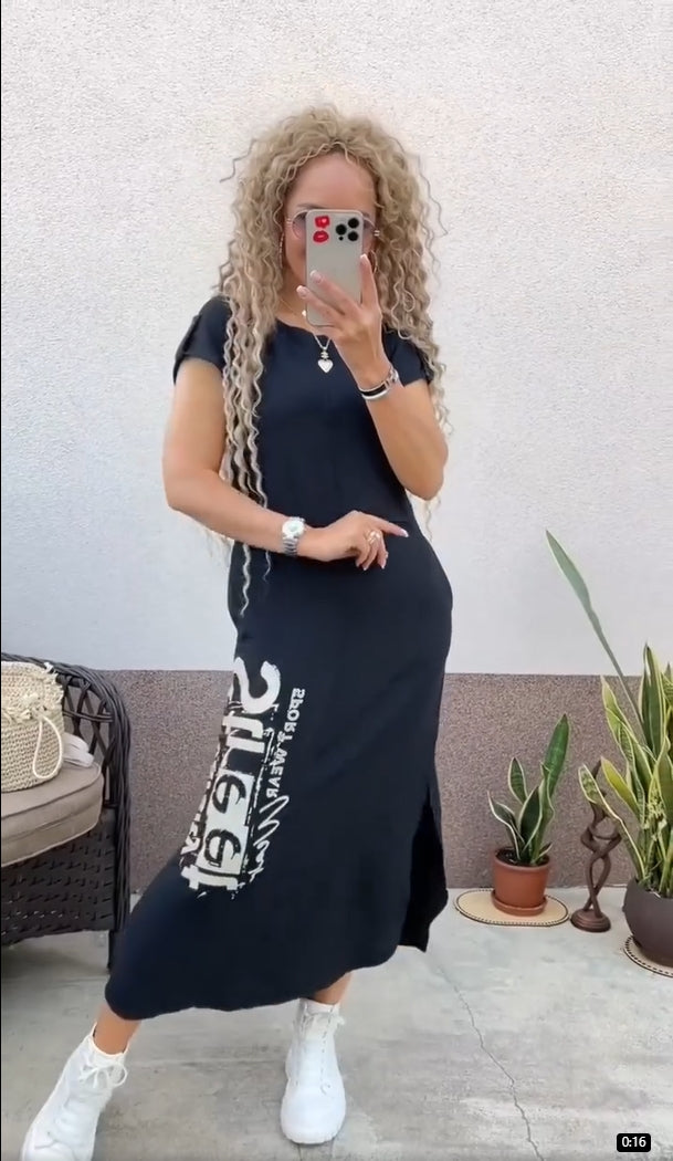 Robe Femme Imprimé Lettres Coupe Ample Col Rond Fente Style Casual