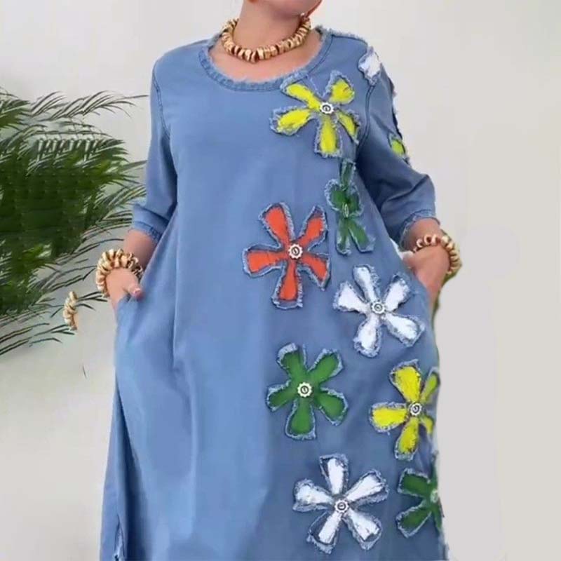 Robe Femme Décontractée Coupe Ample Col Rond Imprimé Floral Style Casual