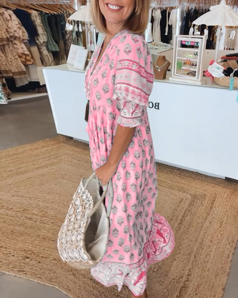 Robe femme midi fluide imprimée col V manches lanterne ample décontractée